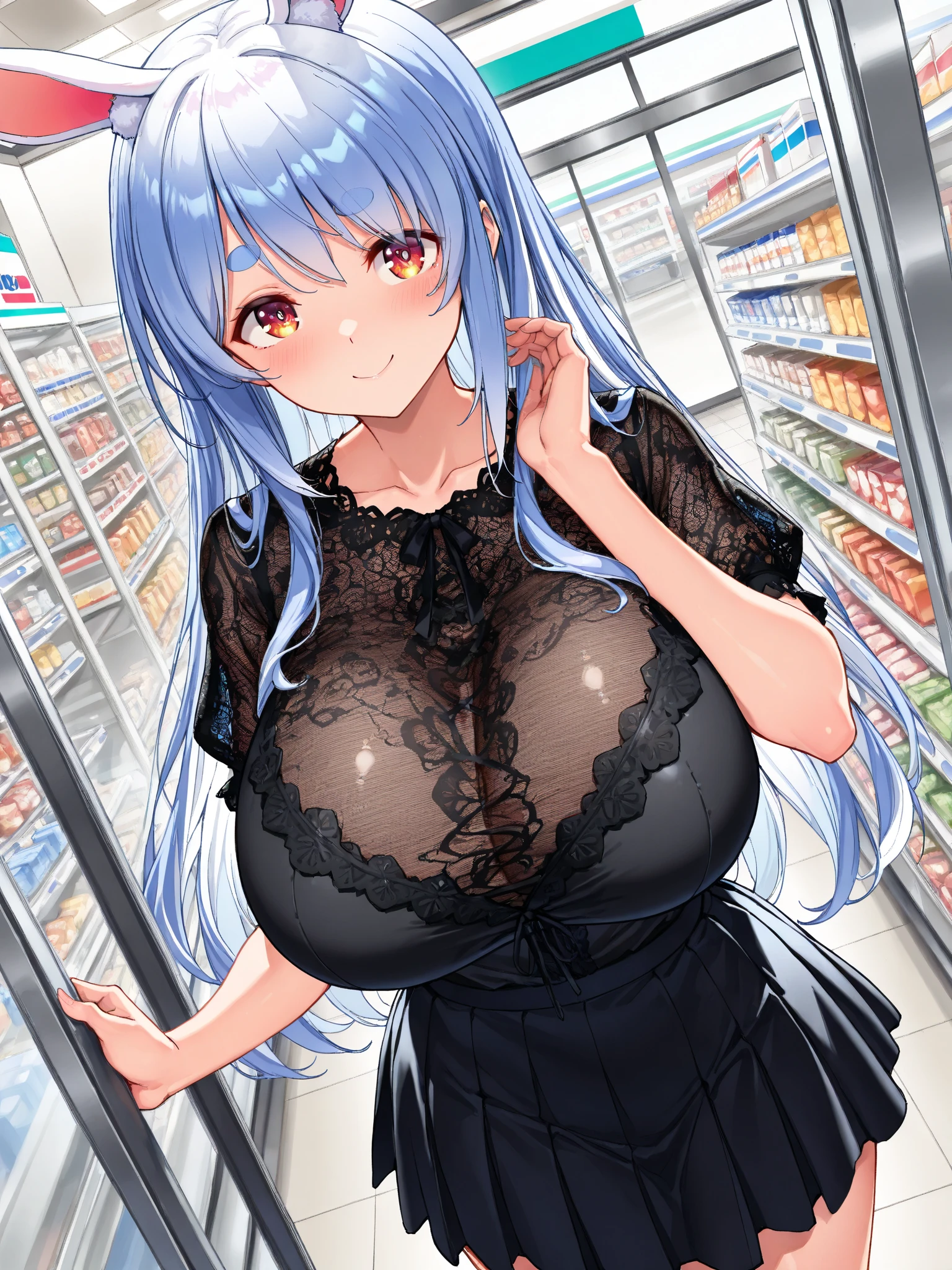 8k, highly detailed, very realistic, masterpiece, perfect arms, perfect hands, white busty brunette, 30-year-old, condom belt, hairy pussy, enormous tits, perfect body, perfect shape, long blue hair, in a grocery store, blushing