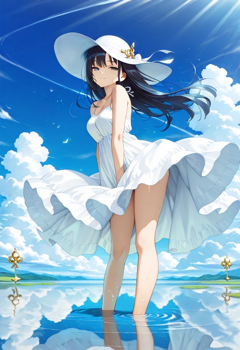 absurdres, 1girl, the ocean, railing, white dresses, Sun hat, ssmile, (realistic:0.75), (waving:0.9),Ultra shorts，Bare buttocks