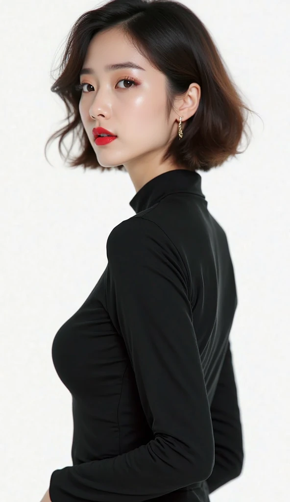 (((masterpiece:1.4, Highest quality:1.4, 8k, Ultra-high resolution, Physically Based Rendering))), Portraiture, Super beautiful sexy woman, 20-year-old, Large eyes with great detail, Fine thin eyebrows, Eye highlights, half-up dark brown hair, Highly detailed face and skin texture, Clear focus:1.2, Slender beauty:1.4, Slim Abs, Tight waist, (A kind smile:1.2), Are standing, Tight transparent black knit dress, Off the shoulder, No sleeve, ((Simple dark background, Backlight:1.1)),