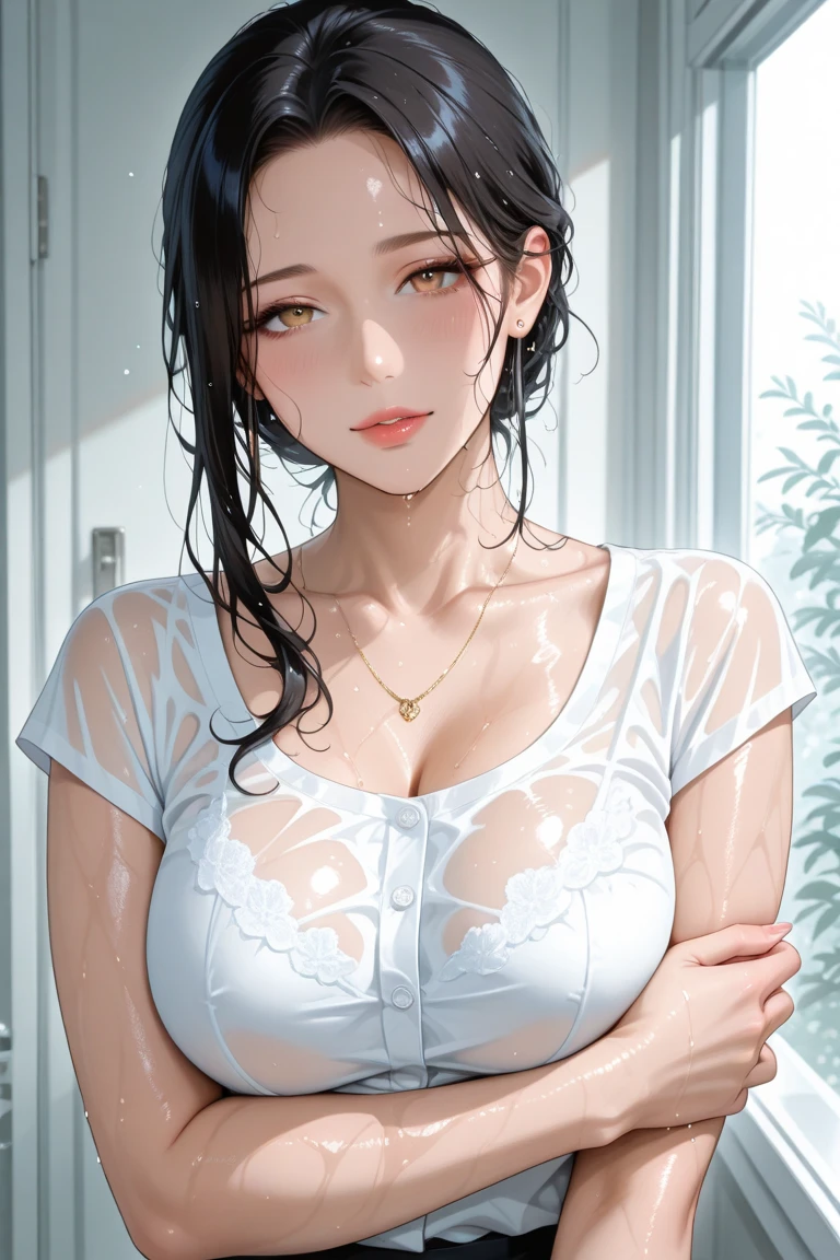 1 girl, single, blue sky, (((wet white shirt)))), ((no bra))))), exposed shoulders and entire navel, no pants, ((((wet thin line thong panties)))), almost completely naked, nsfw, panties almost transparent, (((delicate private details)), (((thin line thong panties))))