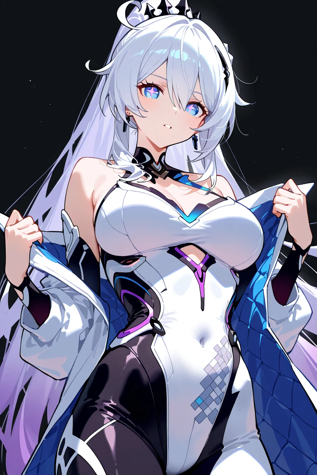 1girl, bright, silver-white hair, star motif, multicolored hair, purple eyes, saleme, head mask, side lights, light particles, wallpaper, big, plump, idol, swimsuit, loose, fluffy, quiet, smile, gentle, clear, sexy