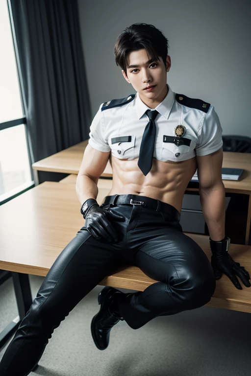 1 young handsome guy,20-25 years old,Police Department,With a gun,Handsome,musculous,Thin muscles,hairy bodies, (Fine eye 1:3),Black eyes,full bodyesbian,full bodyesbian ,epic realism, epic photorealistic , puffy nipples , swollen nipples ,sexy , eroticism , (only wearing strings thongs) , full length shot(fls) , NSFW , bare chest , thick fat booty , thick hips , thick thighs , fat buttocks , nude , naked