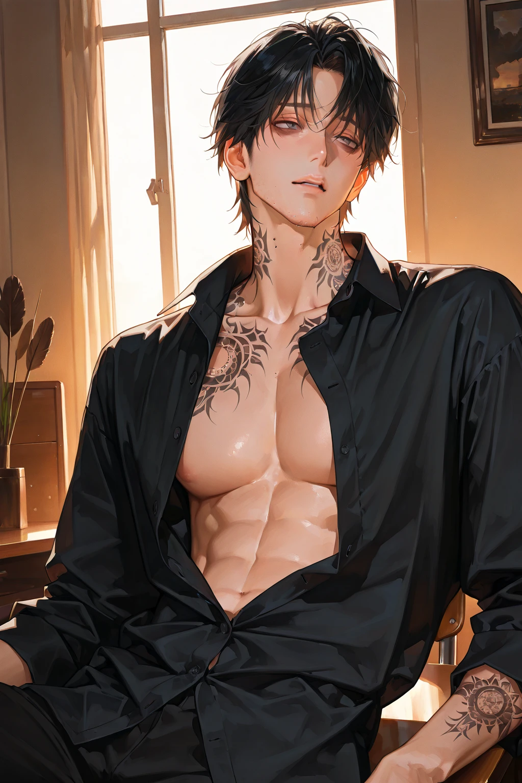 masterpiece, noise reduction, one boy, Best quality, sharp image, permission 8k, sharp image, Just focus, stunning composition, volumetric lighting, super quality, Very detailed, medieval fantasy, Young slender and thin guy man, with black curly short hair and blue eyes, with a collar around the neck and on a chain, embarrassed, lying naked on the ground, with spread legs and vagina in the forest, surrounded by orcs with big dicks, who want sex with him