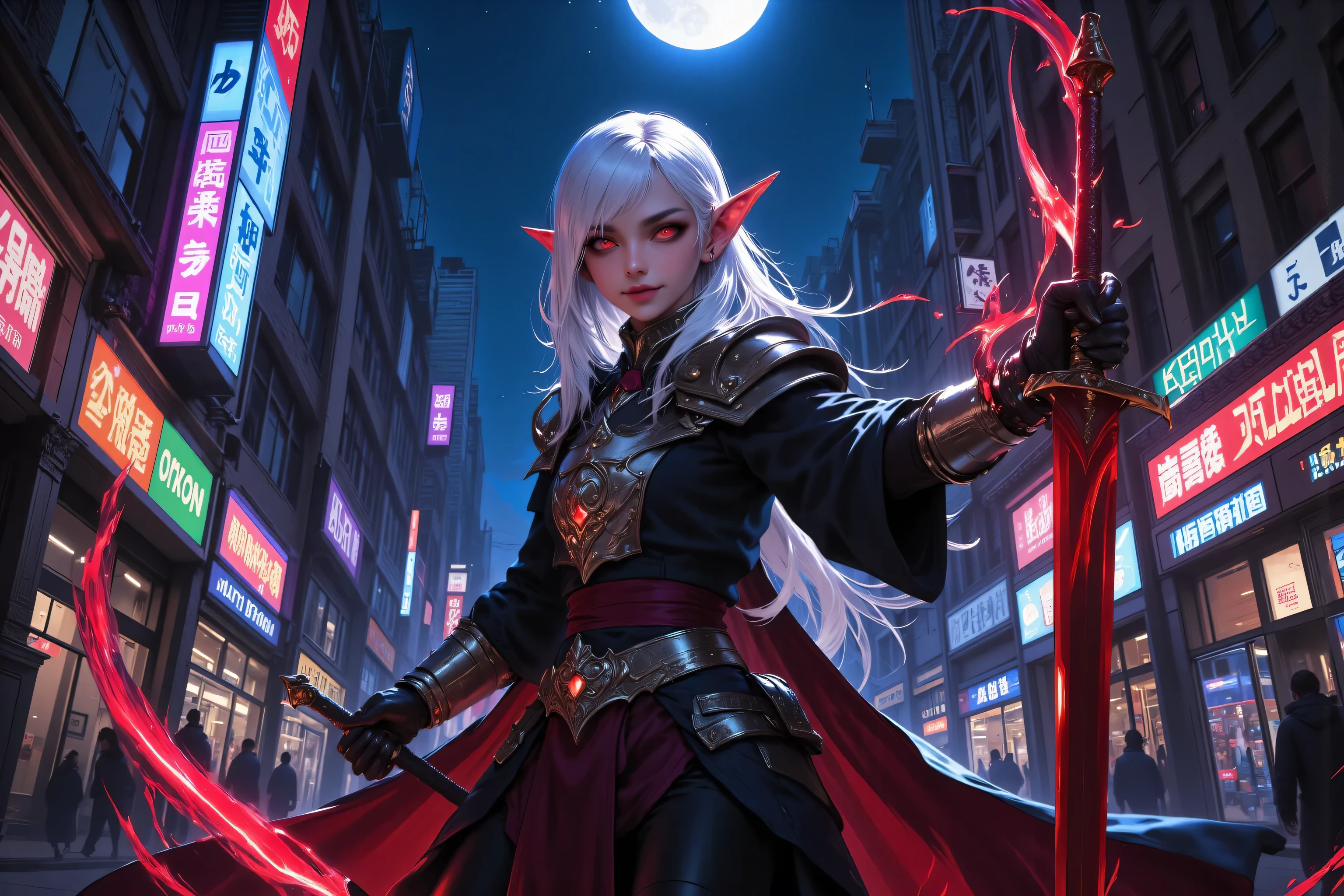 zavy-ctcmcs,w1n,hyp3rd3tail style,fangs,a picture of a female elf vampire(intense details, Masterpiece, best quality), armed with a sword, metallic shine, dark clothes, dynamic clothing, an ultra wide shot, full body (intense details, Masterpiece, best quality)epic beautiful female elf, pale skin, vampire fangs, rich hair, flowing hair, white hair, small pointed ears, red glowing eyes, action shot, holding a an epic sword (intricate details, Masterpiece, best quality), cyberpunk street, colorful neon lights at night, moon in the sky (intense details, Masterpiece, best quality),  sense of daring, sense of adventure,  high details, best quality, 16k, [ultra detailed], masterpiece, best quality, (extremely detailed), dynamic angle, ultra wide shot, photorealistic, RAW, fantasy art, dnd art,fantasy art, realistic art,