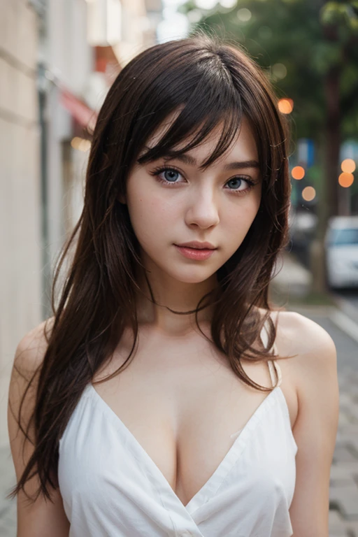 Get on all foursh, naked, Young people,One girl,View your viewers, whole body,jewelry, necklace, Realistic, Brown Hair, Blurred background, Blurred,bangs, Dark eyes Dynamic pose Warm sun,winter,snow,
