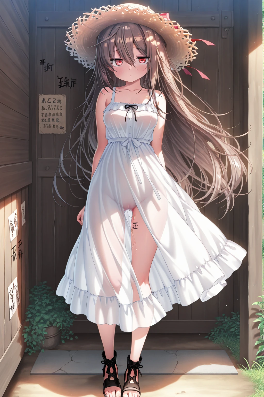 (masterpiece), Highest quality, One Girl, 8-year-old girl, cute, Flat Chest, Black Hair, Very long hair, She is looking towards the viewer, She is wearing a bright red leather collar., The collar has a lead attached, The lead is in the man's hand., 
She is wearing a white mini dress, Pure white clothes, Clothes without collars, The dress is sleeveless, exposing her bare shoulders and collarbones., The material of her clothes is very thin, The dress is see-through, The naked body is clearly visible, Her nipples are pressed against the fabric of her dress, Erect nipples, Nipples are visible, Almost naked, 
Not wearing a skirt, Not wearing a bra, Not wearing panties, The hem of the dress is very short, The lower half is naked, She is exposing her waist, her belly button is visible, her pussy is visible, She purposely shows off her pussy, The crotch line is visible through the fabric, she has no pubic hair, Show me that you don't have pubic hair., 
She stands with her legs spread, Open your knees, Wearing a straw hat, She is barefoot and wearing sandals, 
Very shy, blush, 
She is walking around the city, Standing in a crowd, Being mindful of the surroundings, Handbags, 