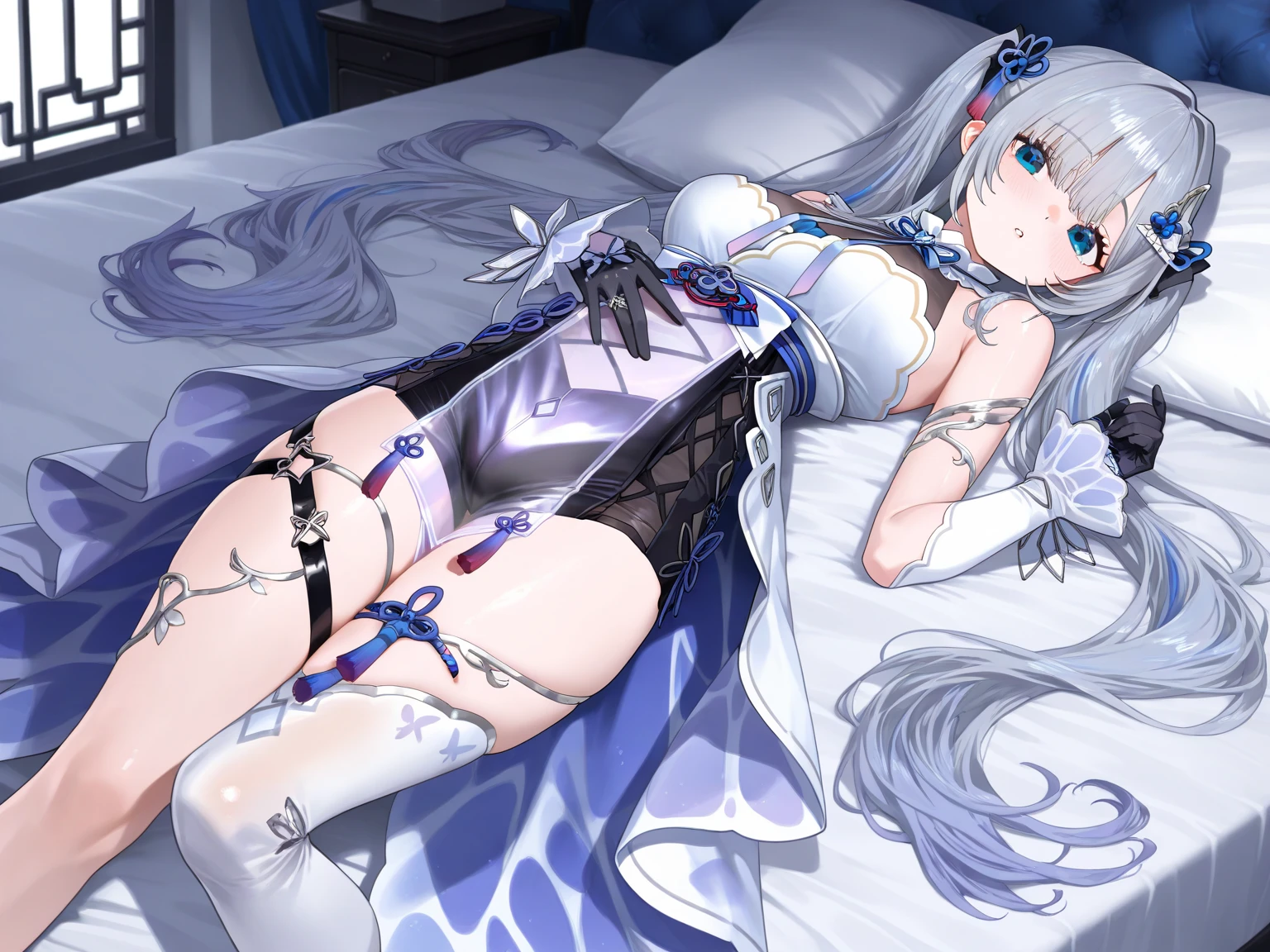 detailed face, Altina Orion, looking at viewer, on bed, masterpiece,best quality, breasts out,(nipples:1.2), girl_on_top, straddling on boy, sit astride, (panties pulled aside:1.3),  (lying on:1.3), (spread legs:1.3), (pussy line:1.3), (excessive cum:1.3), (vaginal penis:1.3), (1boy:1.3), (cum in pussy:1.3), (pussy cum:1.3), excessive cum, vomcum, (creampie:1.3),