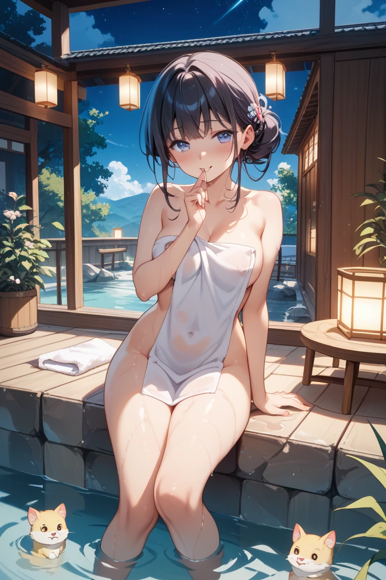 master piece、(super detailed)、table top, highest quality, very detailed,
1 girl、laughter、 (((Completely naked、Place a towel over your chest))), After bathing,barefoot,night,A hotel room,窓からnight景,white panties,laughter
