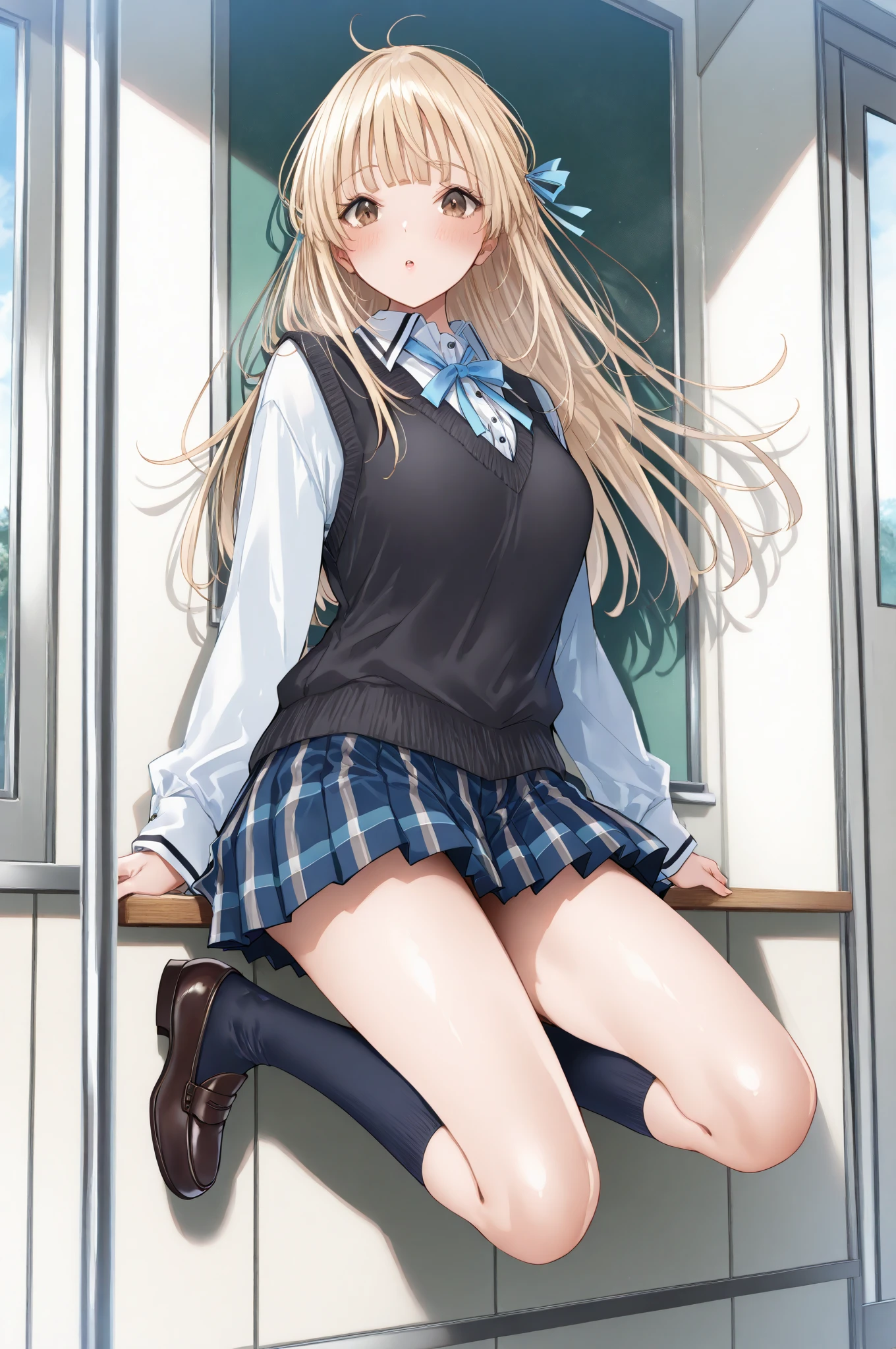 highest quality,masterpiece,8k,1girl,medium breasts, blush, sweat, mini skirt, lift skirt, upskirt, stripe panties, hair ribbon, twin tails, green shirt, seifuku, white neckerchief, long sleeves, pleated skirt, black skirt, thigh highs sox, loafers, camel toe, open legs, heart shaped pupils,