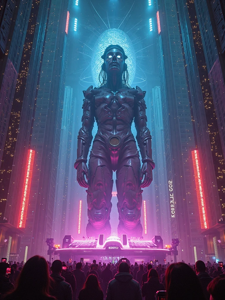 An ultra-high picture quality、Maximum quality、futurecity、cyber punk、vibrant light、skyscrapers、In the clouds、View of the universe、SF World、Huge colossal Indian statue of lord Shiva in the middle of the city, huge colossal Indian statue, (((huge colossal Indian statue))), (((morning)))