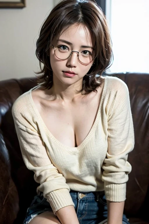 ((Highest quality、In 8K、masterpiece:1.3))、((Very large breasts:1.3))、((Photorealistic、Perfect Style:1.3))、((Beautiful 18 year old woman、One Woman:1.4))、((She has a slim waist and large breasts, like a gravure idol.、Highly detailed face and skin texture with beautiful eyes、Eye highlights:1.5))、((Blonde Short Hair:1.3))、((Gal-style Japanese women、Grey hoodie、Leopard print miniskirt、Pink Panties、The brown skin is slimy and shiny.、Glasses:1.3))、((Peach gyaru makeup、Sitting on my knees in a super secret, tiny one-person tent、Lantern and bonfire、evening、The interior of the tent is decorated with stylish and moody lighting.、faint smile、Red face:1.3))