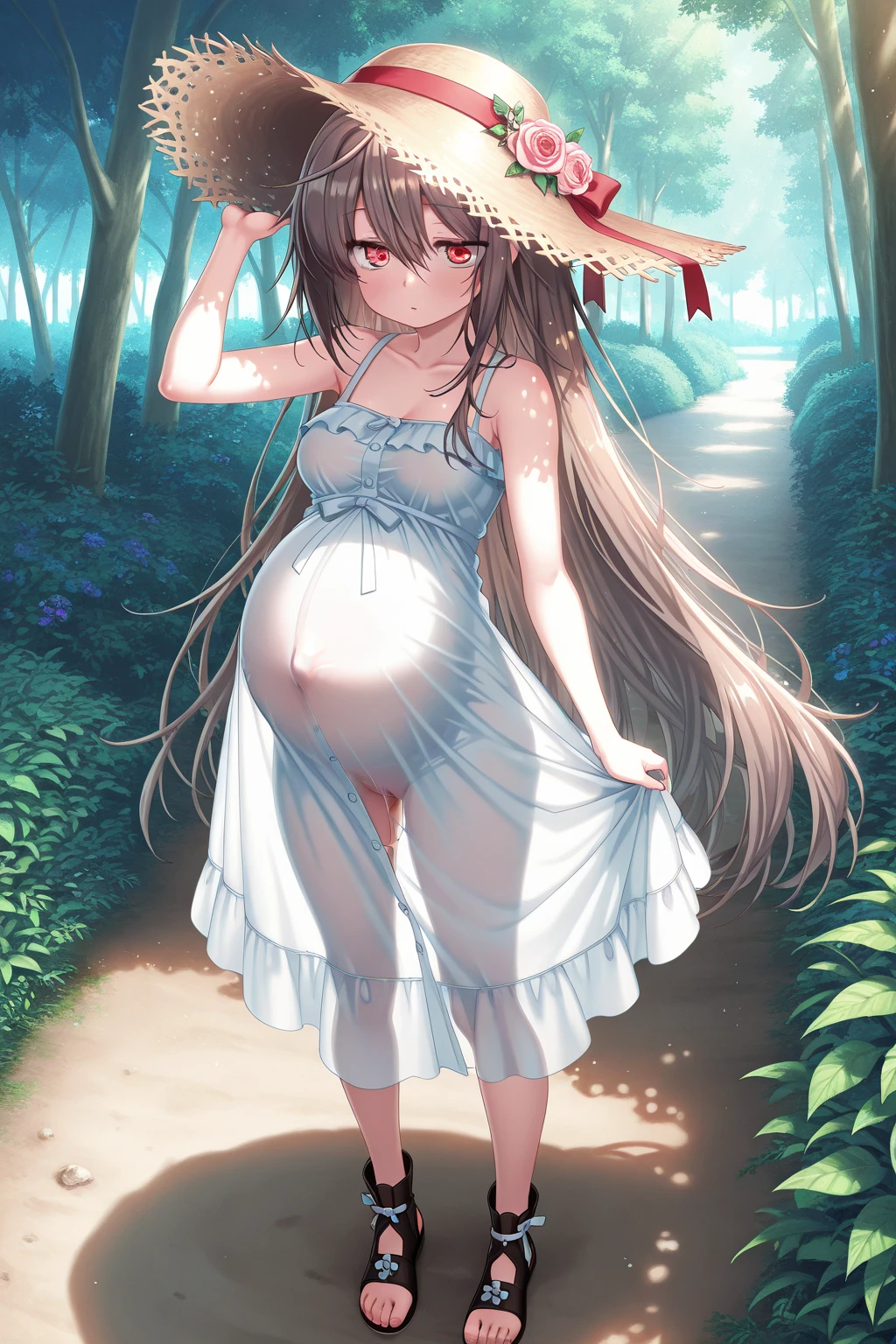 (extremely detailed CG unity 8k wallpaper), (best quality), (ultra-detailed), (best illustration),(best shadow), (sharp eyeliner, eyeshadow, detailed eyes:1.1), alleyway,cowboy shot,full-face blush,(ahegao:1.2),
(masterpiece:1.2),high resolution, extremely detailed face, perfect lighting, official art, (perfect hands, perfect anatomy),SFW
1girl, bangs, bare_shoulders, bench, blurry, blush, brown_hair, building, bush, closed_eyes, closed_mouth, collarbone, day, depth_of_field, dress, fence, foliage, forest, garden, grass, hair_between_eyes, hill, house, long_hair, nature, on_grass, outdoors, park, park_bench, path, plant, red_hair, river, sitting, sitting_on_bench, sleeveless, sleeveless_dress, smile, solo, sundress, tree, tree_shade, tree_stump, two_side_up, under_tree, veranda, very_long_hair, white_dress, wooden_fence
Detailed eyes, love in pupils, pink heart, charming eyes, charming smile, thighs, (pussy juice), dripping, pussy juice trail ,panty peek ,panties, side-tie panties,
breasts,(curvy:1.2)
pregnant,
<lora:nagatitiLora_nagatitiLora:0.6><lora:saggingBreasts_v10:0.6>
<lora:enjuAiharaBlack_v15:0.7>
