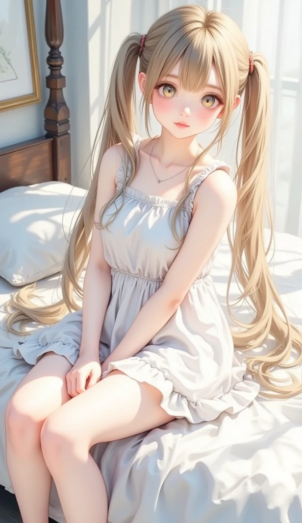 16K ultra-fine CG wallpaper, masterpiece, excellent image quality, super delicate), (wonderful light and shadow, delicate and beautiful), real smooth skin, bright face, 18K close-up perfect display, change, cute, Girl wearing exquisite sleeveless shirt and long skirt, Lying face down on a big white bed, Colorful eyes like jewels.