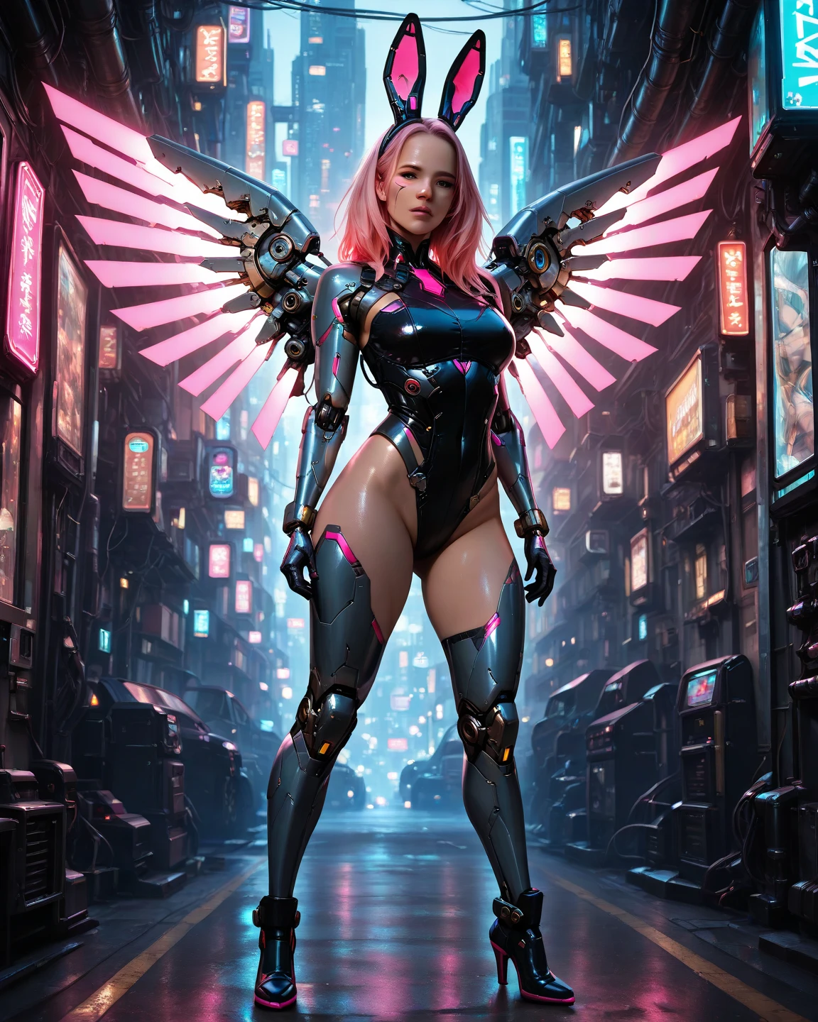 (Best quality,4K,8K,A high resolution,Masterpiece:1.2),Ultra-detailed,(Realistic,Photorealistic,photo-realistic:1.37),[Cyberpunk,Girl,The center of the picture,frontage，Mechanical,Metallic,robotic limb,high-heels，(Huge wings),(Rabbit ears)],Futuristic city landscape,nigth,Suspended in the street，Science fiction elements,urban chic,