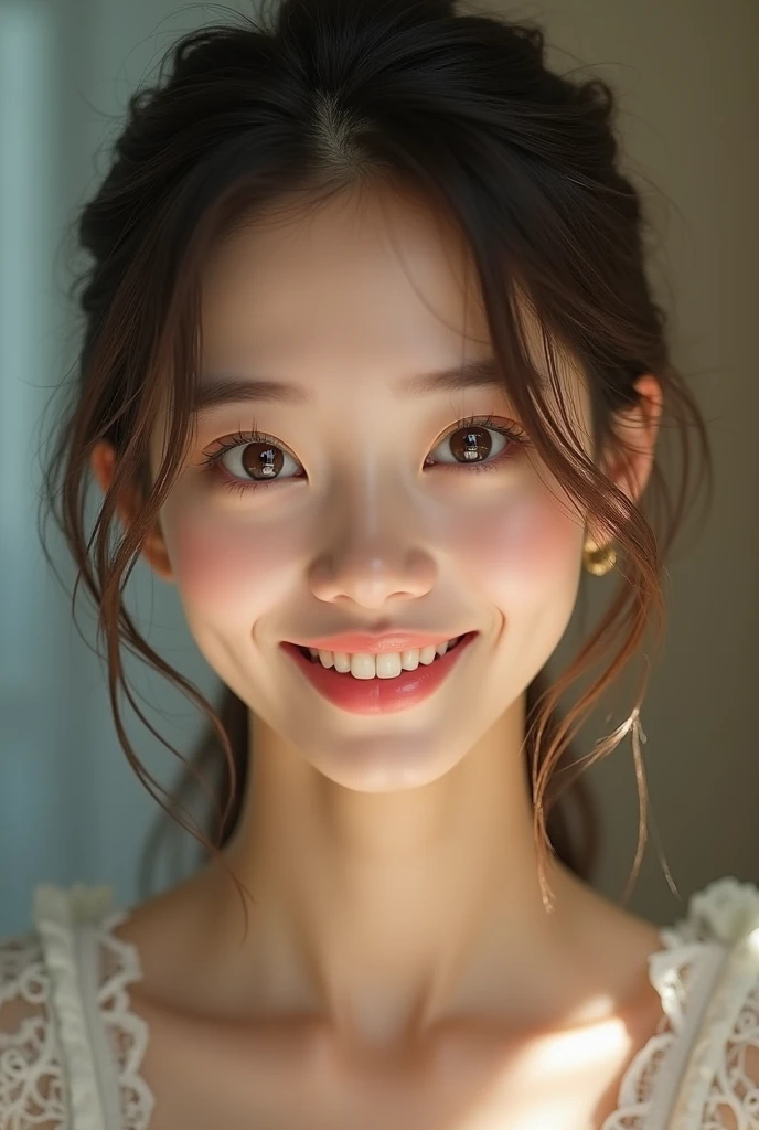 (highres,realistic:1.2),ultra-detailed,humble and happy 20-year-old naked woman,soft skin,gentle smile,detailed facial features,beautiful eyes,rosy cheeks,youthful appearance,fine details,subtle shadows,natural lighting,delicate pose,harmonious composition,graceful curves,vivid colors,seamless blend of warm and cool tones,artistic brushstrokes,painterly look,pure and innocent expression