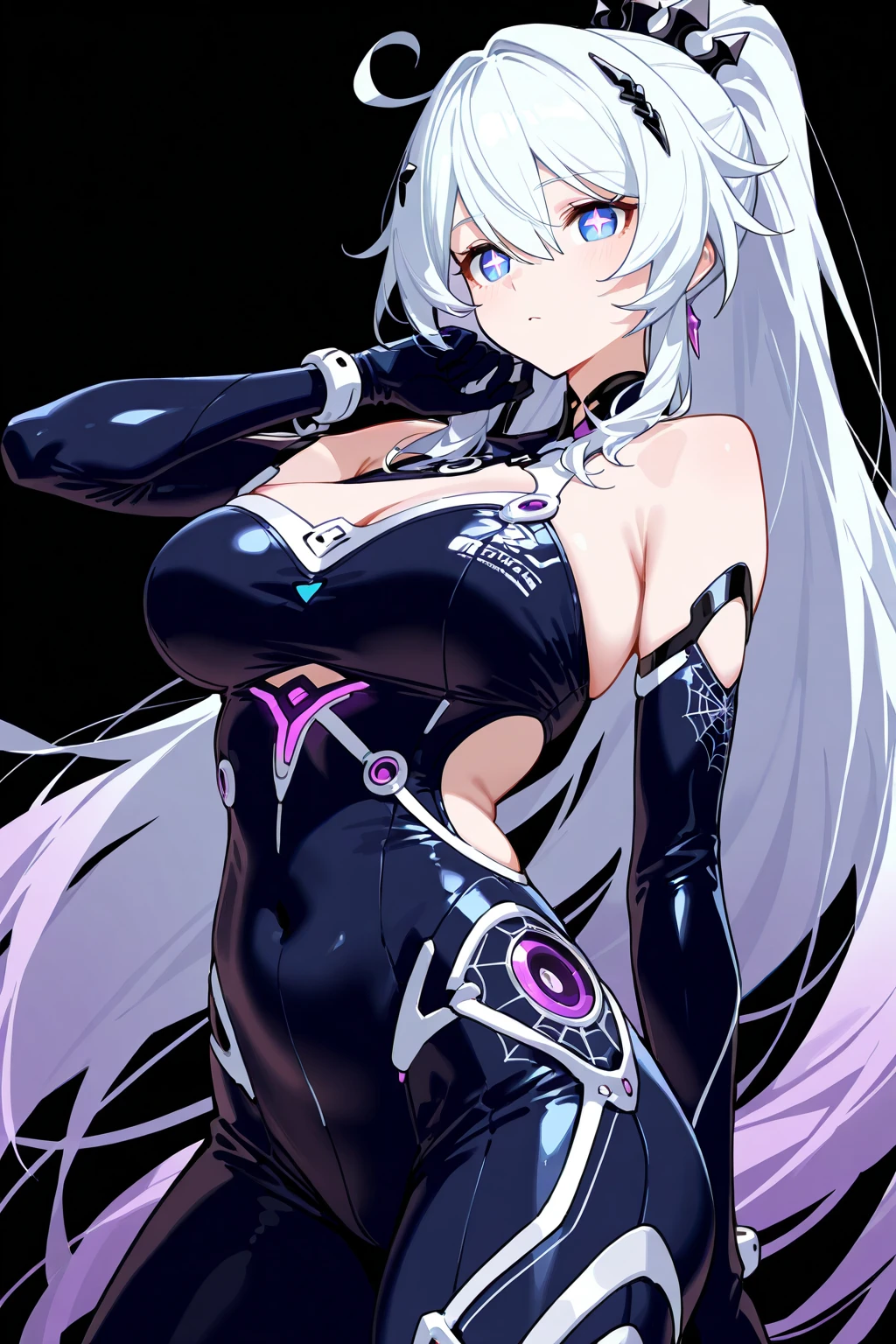 Lou Lou, 1 girl, alone, young girl,(),slender,long hair,(grey leotard:1.3), pink hair band, gloves, hair ribbon, turtleneck, looking at the viewer, blue eyes, ribbon, bangs, cowboy shot,high leg leotard, buttocks visible from thighs,covered navel, bare shoulders, (stand,open legs:1.3),,blush,hair between eyes, smile, side lock, halter neck, purple hair, armor,
top-quality,Top image quality,perfect anatomy,masterpiece,ultra-detailliert,Beautiful、ultra-quality, best quality,high resolution, ultra-detailed,game cg,dutch angle ,beautiful detailed eyes, visualart,five fingers, perfect hands