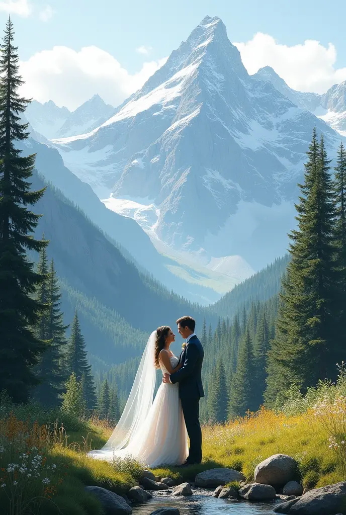 wedding couple, holding hands, by icy lake, walking away from camera, snow on ground, sunshine through trees, dramatic lighting, perfect, looking straight ahead, sexy wedding dress