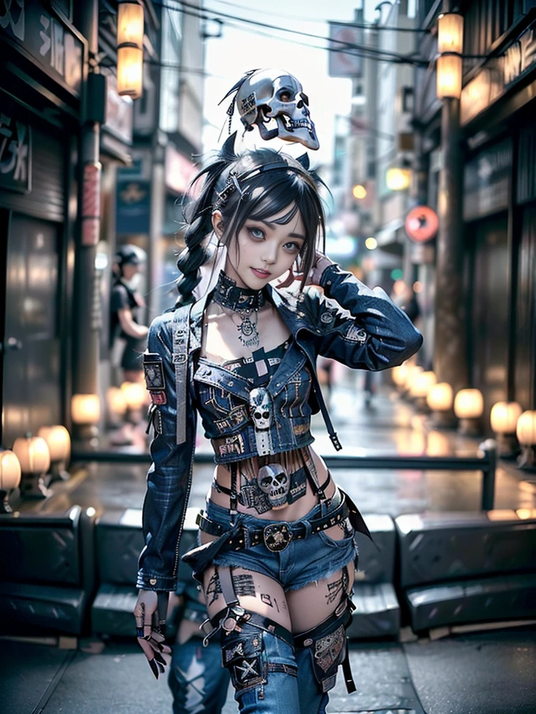 (Full Body View:1.3)、(Beautiful lips and nose:1.4)、(Long eyelashes:1.4)、(Side view:1.1)、(Smiling with teeth showing:1.3),(Shibuya Gal:1.5)、(Gothic Lolita delicately decorated dress:1.5)、(Punk rock cargo pants in tattered denim and charcoal:1.5)、(Denim and charcoal skull mark small jacket:1.4)、(denim garter belt:1.5)、(Black and denim knee socks:1.3)、(Skull Silver Accessories:1.5)、(Denim and charcoal collar:1.3)、(Brown Skin Belt:1.4)、(Brown boots:1.2)、(The underwear is striped:1.4)、31 years old、((Highest quality、In 8K、masterpiece:1.3))、Sharp focus:1.2、(Layered Cut、Huge boobs:1.1),Beautiful woman with perfect figure:1.4、(Dancing vigorously:1.3)、Slender Abs:1.2、Highly detailed face and skin texture、Detailed eyes、double eyelid,(Bob Hair:1.3)、(Dark grey hair:1.3)、Gravure idol、(The background is a gorgeous temple in the sky:1.3)、(Slim body:1.2),(Make your legs thinner:1.4),(clavicle:1.1)