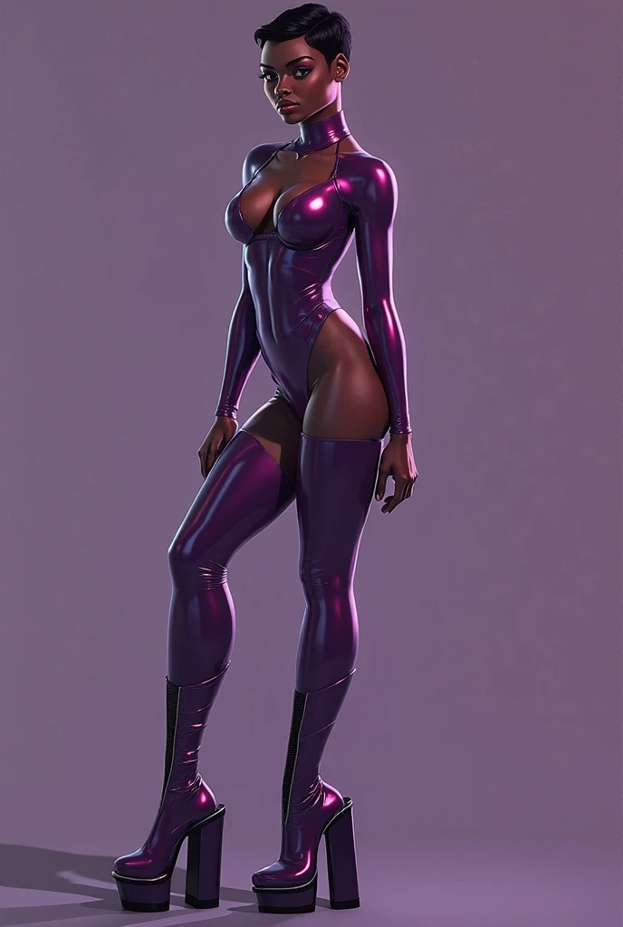 (Concept Art) of an (African-American) female, with dark (black dreadlocks), purple eyes, dark (brown skin), (pointed ears), (slutty assassin), sexy black attire, (lust) demon, (medium shot), perfect composition, hyper-detailed, 8K, high quality, (perfect eyes), trending art, sharp focus, studio photo, intricate details, (Pin-up) pose