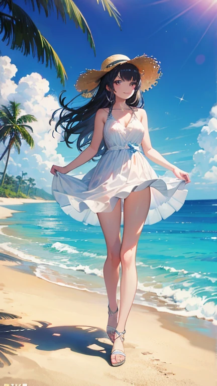 A girl eating ice cream on the beach, blue sky, clouds, beautiful, summer