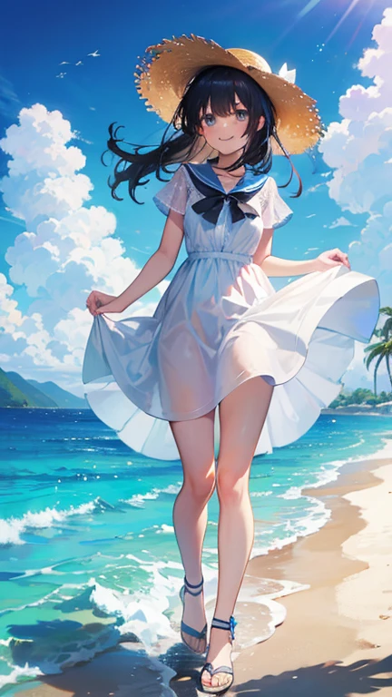 translucent sailor suit、Seaside、Highest quality、the wind is strong、underwear、Translucent slip