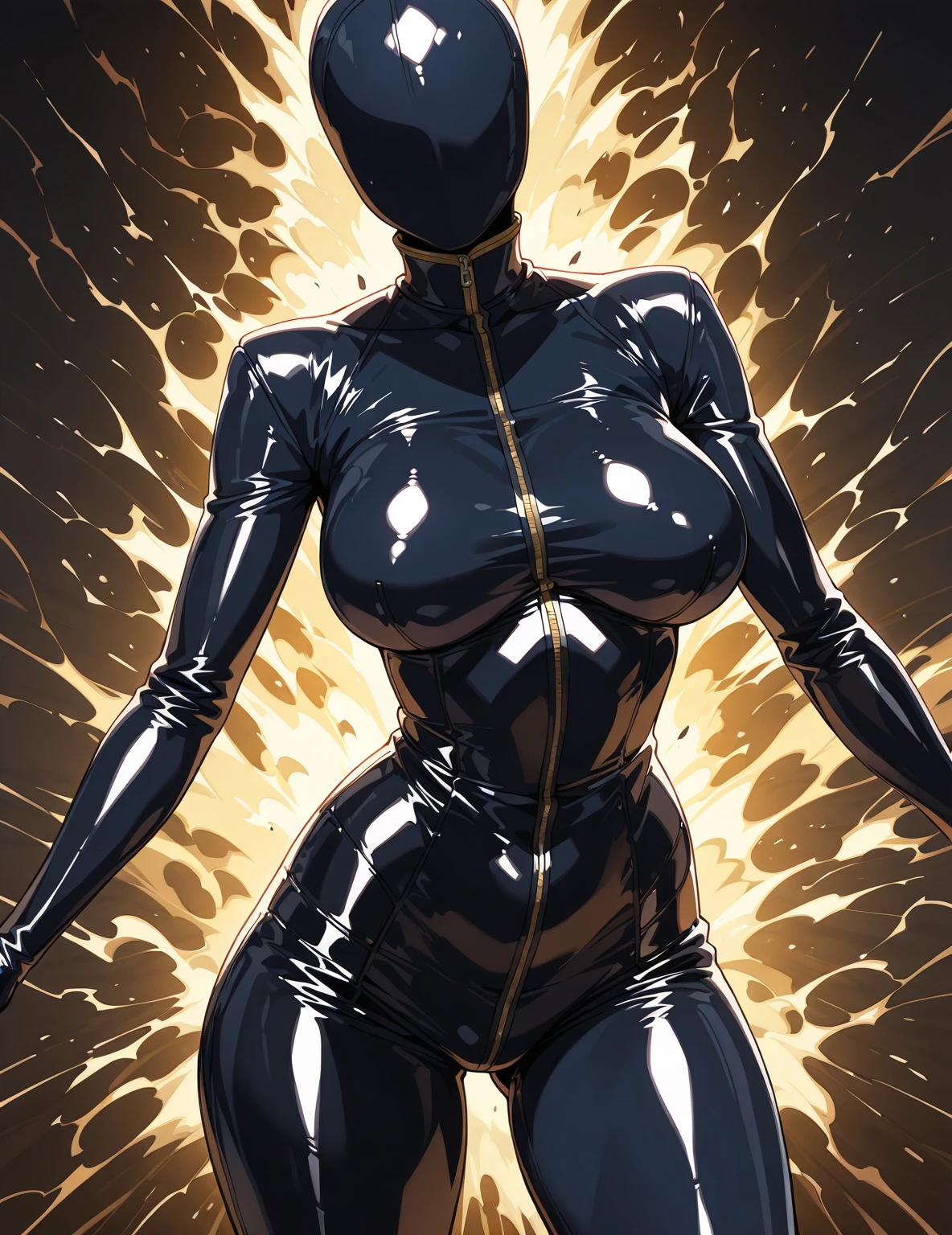 short black hair, tall, shiny skin, glossy skin, huge breasts, fit, dark skin, very dark skin, tall, very long legs, very thight latex , cameltoe, creases, seams, angry smile, gloves