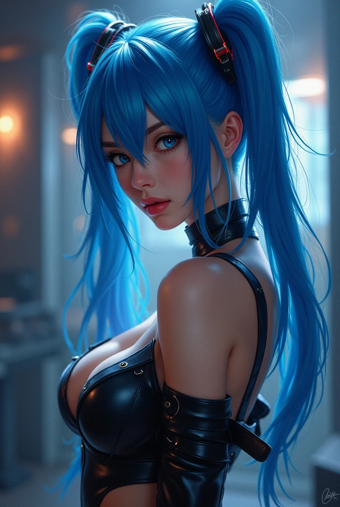 ((highest quality)),(ultra high resolution),(Super detailed),(detailed description),((best CG)),(best work of art),super precision art, great drawing art,(Art with precise details:1.5), 1 girl, solo, ((blue hair)), ((blue eyes)), beautiful face, long eyelashes, natural eyebrows, ((pink latex suit)), ((sitting sexily)), (comfy couch), (looking at viewer), earrings, ear piercing, large breasts, thick thighs, cleavage, pale skin, flirty smile, juicy lips, posing sexily, sultry eyes, ((long bangs)), ((black choker, necklace)), (cat ears)