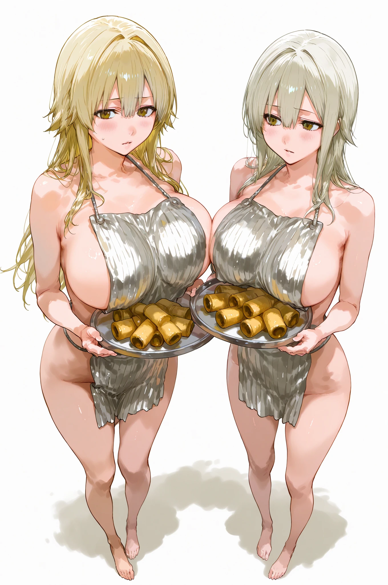 (Best Quality, Masterpiece),sexy mommy, Front cover of a women's cooking magazine, , naked, erotic, 18+, nsfw, 1girl, 30 years old, stunning, cute, smile, hourglass figure, Maid costume, beautiful food, text, diagrams, advertisements, magazine title, long white hair,brown detailed sparkling eyes,One strand of hair hangs down over his forehead