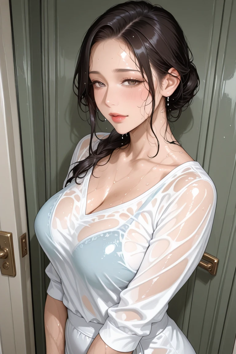 (Realistic:1.5, 16K, Highest quality, masterpiece, Ultra-high resolution), Perfect dynamic composition:1.2, (Love hotel bathroom), (Expressions of sadness:0.9), (Squat with your knees bent:0.9), Highly detailed skin and facial textures, Incredibly slim body, Fair skin:1.2, Sexy beauty, Very beautiful face:1.2, Water droplets on the skin, Body wet in the shower, Wet body:1.2, Wet Hair:1.3, (short hair), (Neat bangs:1.5), (Shapely large breasts, Chest gap), ((Full nudity)), ((Sheer clothing:1.5)), ((See-through nipples:1.5)), ((Thin and beautiful pubic hair)), ((Both arms behind the head)), (Big eyes that exude beautiful eroticism:0.8, Lips that exude beautiful eroticism:0.8), necklace, Earrings, bracelet, wedding ring,