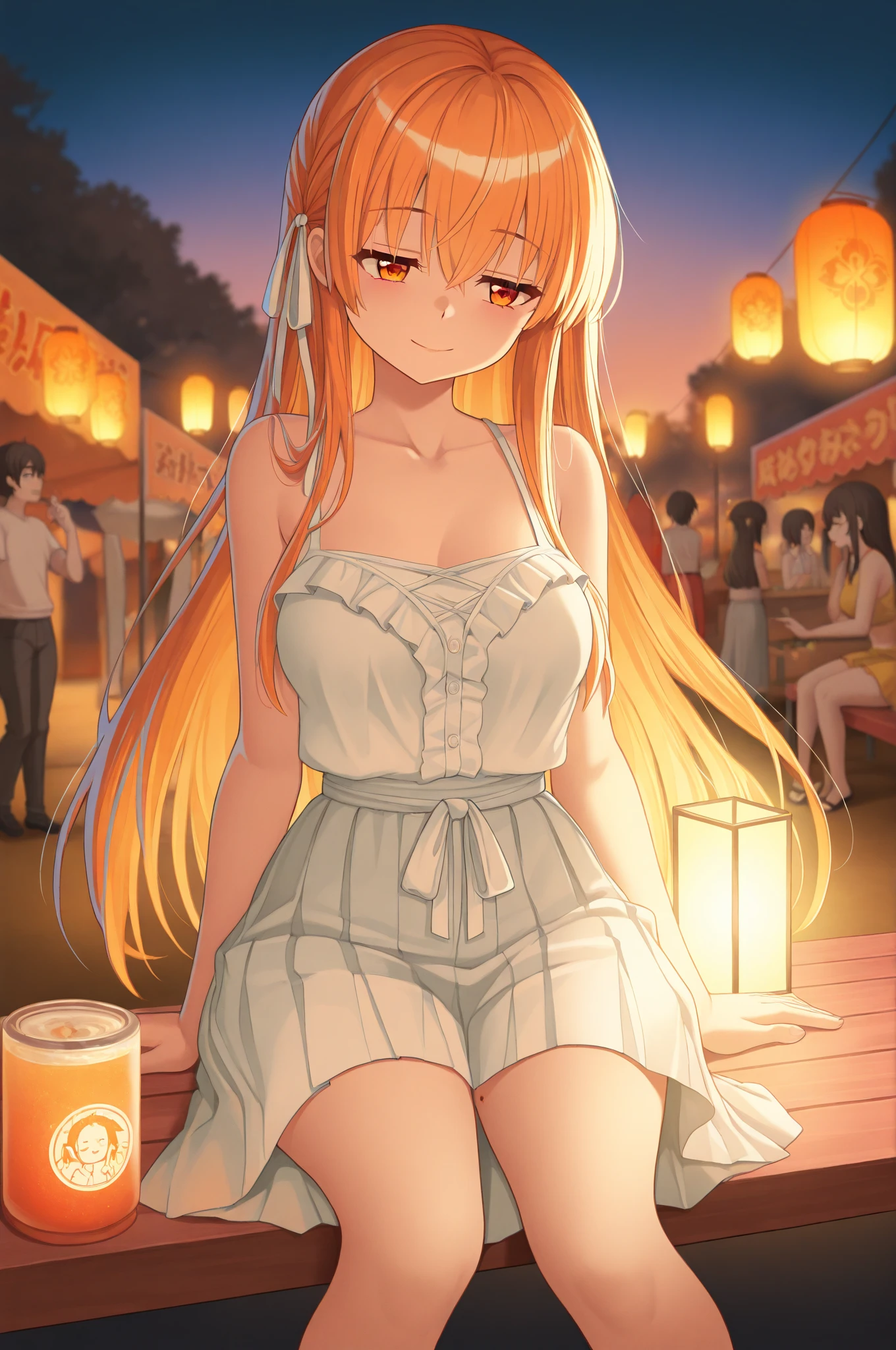 masterpiece, highest quality、(pecorine, blue eyes, hair ornament, long hair, orange hair, braid, hair braid)、((big breasts、huge breasts))、looking at the viewer、Laughing with open mouth、log house、cottage、wooden table、table、white nightgown、