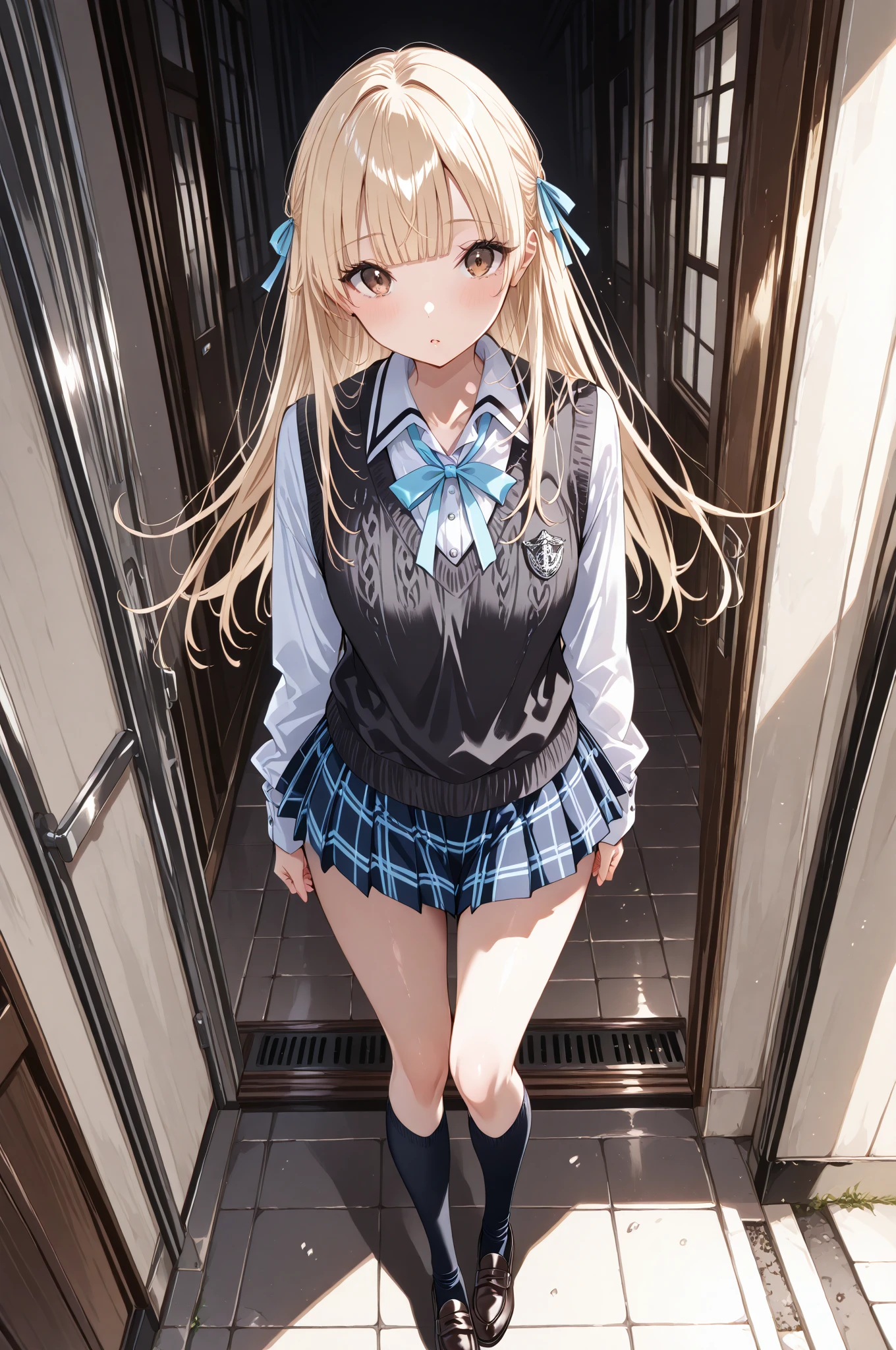 Bully student approaches me with a perverse face as I am a nerd, wearing short skirt, blonde hair, blue eyes, small firm breasts, long sexy legs, bad girl. very tall girl, photo from below the girl, bully, anger face, full body photo