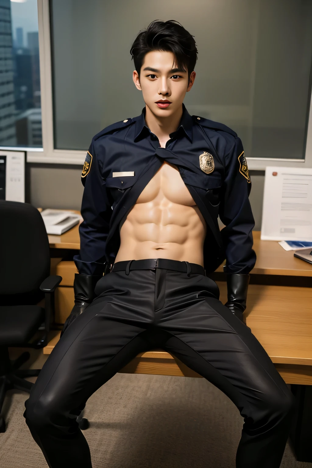 1 young handsome guy，20-25 years old，police officers，Interpol，Police Department，With a gun，Handsome，musculous，Thin muscles，hairy bodies，Police uniform（Fine eye 1：3），Black eyes，full bodyesbian，full bodyesbian