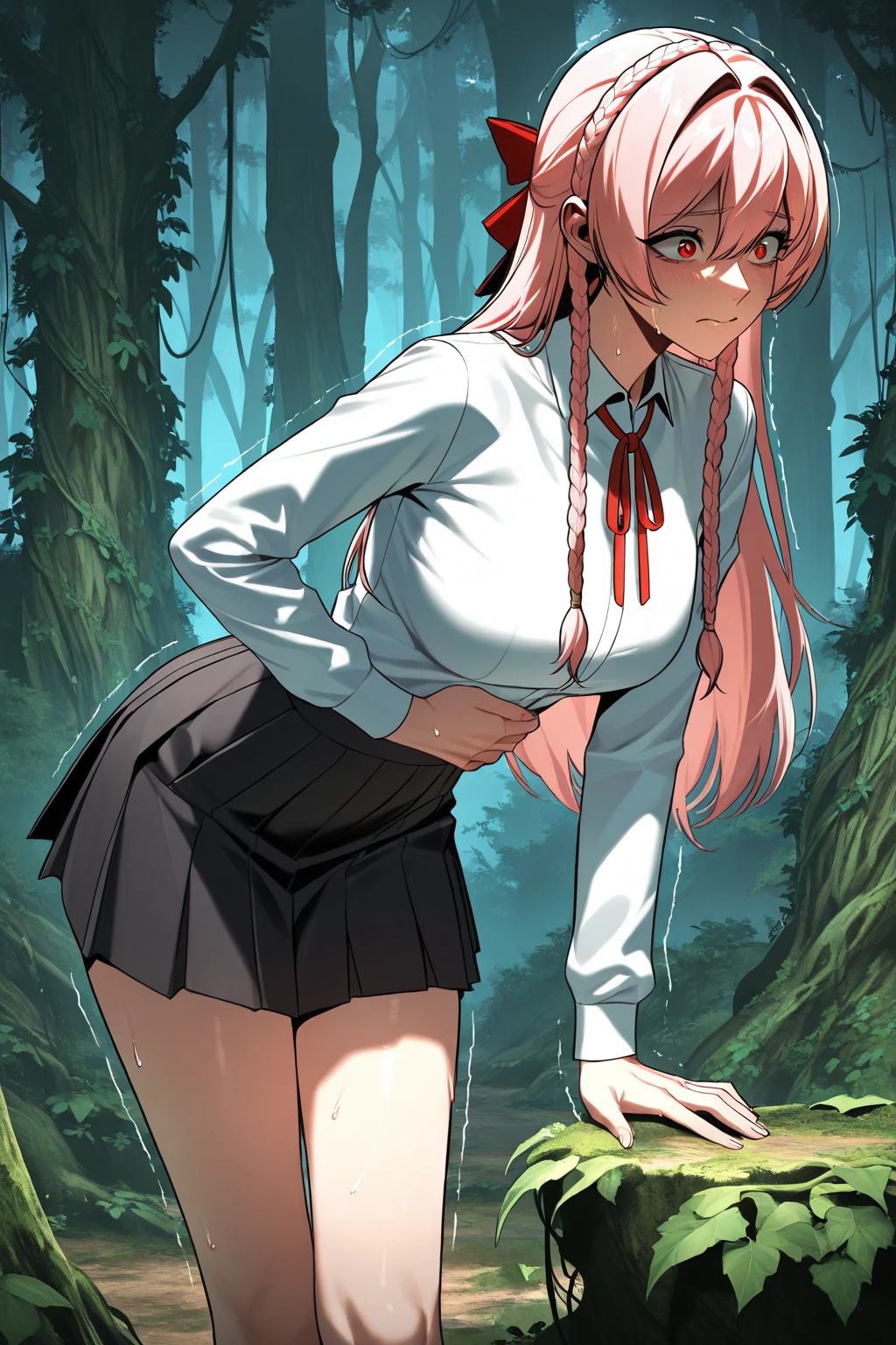high quality, high resolution,(((nsfw))),(((one women))),(((cute face))),(((blue eyes))),(((pink hair))),(((hair between eyes))),(((low twintails:1.5
))),((small breasts)),((sweaty skin)),(((bare breasts))),(((Open Outerwear))),(((Mini skirt))),(garter belt),(pantyhose),
BREAK,(embarrassed,blush:1.3),(steam:0.8),(wet:0.8),(sweat:0.8),(trembling:1.3),(parted lips:1.3),(harf open eyes:1.4),(feeling weak:1.5)
BREAK,(((outdoor))),(((late night park))),
BREAK,(((model posing))),((spread legs:1.8)),(((arms behind back))),
BREAK,(((Angle from below))),(looking at viewer),(((focus on pussy)))