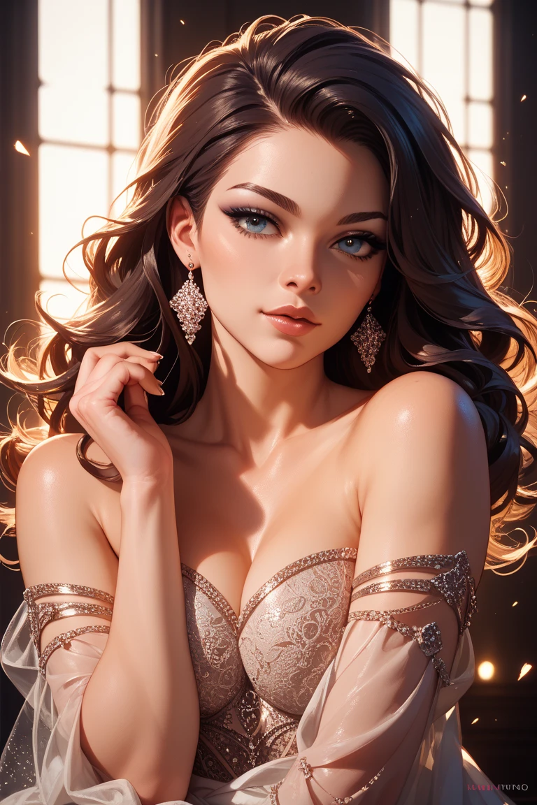 Beautiful Jasmine Jae, hoops earing, chain gold necklace, glamour makeup, red lips,fur coat, corset, dark room