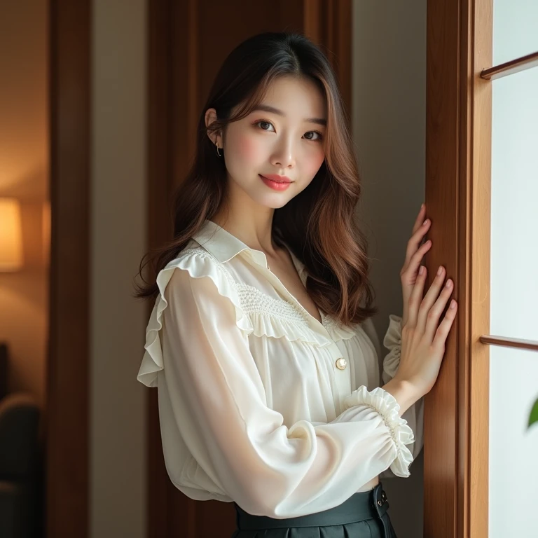 femele　A slender　White tight clothes　Beautiful face　constricted hair　Colossal tits　white backgrounid　Natural light　Like Koreans　long　Hair Catalog　dual　Dark tone hair color