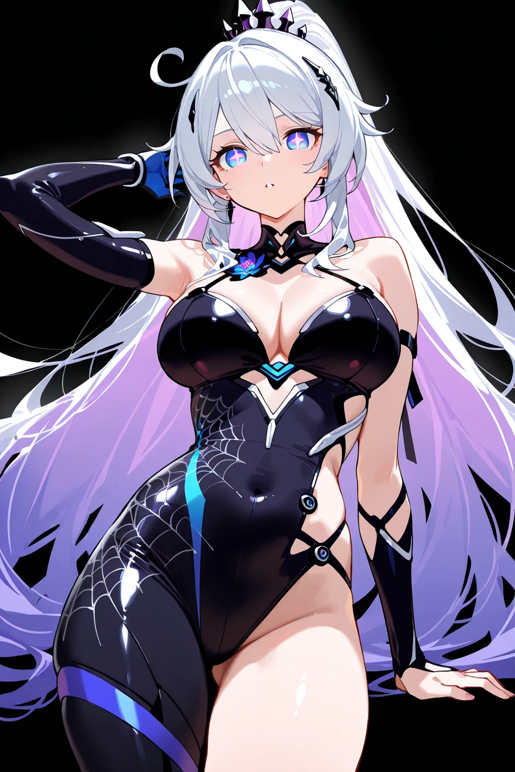{nsfw}+++(evil samus aran) 1girl, standing, looking at viewer, (dark persona, corruption) contrapposto, evil, dark persona, bad end, corruption, dominatrix, parasite, infected, transformation, possession, mind_control, mind break, brainwash, dark samus(style), blue glowing vein over the body, fluide phazon, infected by phazon
evil smile, eyelashes, covered nipples, erect nipples under clothes, evil grin, evil eyes, pubic tattoo, dark aura, crotch_tattoo, big_breasts, silver hair, red eyes, evil eyes, venus body, voluptuous, pubic hair, innie , areolae, nipples, piercing, erect nipples, nipples visible through clothing, collarbone, wet skin, horny female, tentacles over the body, tentacles in pusssy, cum dripe, cum, cum over the body, pervert, ahegao, (realistic:1), best quality, beautifully detailed face, ray tracing, DOF, HDR, (evil base:1), pelvic_curtain,
revealing clothes, cleavage, tight clothing, highhighs, between labia, skin tight, fingerless_gloves, skintight bodysuit, official style, zero suite samus, blue neon glowing zero suite