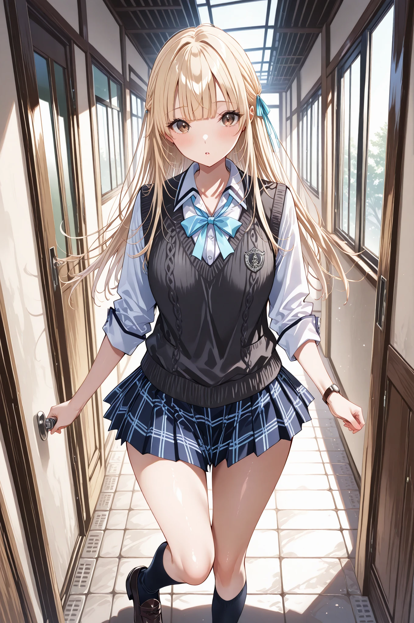 (official art、highest quality、Unity 8k wallpaper、32K、masterpiece、super detailed、超high resolution、realistic、Photoreal:1.2)、(cinematic lighting:1.2)、fire glow effect、film grain、best shadows、rim lighting、side light、(Super detailed and complex 3D rendering)、Background like Makoto Shinkai、detailed beautiful face and eyes、(Beautiful and sharp pupils)、masterpiece, high resolution、highest quality, ultla highres, maximum resolution, very detailed, professional lighting, beautiful skin, 28 year old woman、very pretty、Brooklyn、Inside the cafe、sofa、waitress、Maid clothes、work at a cafe、Maid clothes、skirt、dress lift、(panties:1.3)、shoes下、shoes、bright hair color、blonde、bangs、dull bangs、(((squint your eyes、Smile a little、ridicule、naughty face)))、The girl is looking to the side、Wide angle、angle from below、(((Precise human body structure、Correct and accurate number of limbs、Correct and accurate number of fingers)))