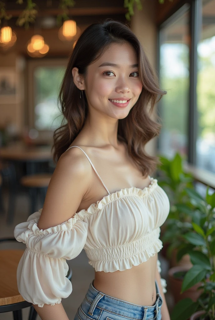 1 girl,(Black-haired semi-long)(beautiful hair), actress, laugh, glowing skin, best quality, masterpiece, (realistic:1.4), Terrace Seating, Europe, france, fly, denim mini skirt (realistic fabric), white short sleeve (woven fabric), (No logo), Thin fingers