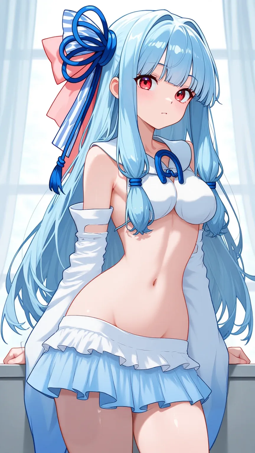 Pretty girl、A charming smile、Blue Long Hair、Twin-tailed、Engaging pose、Blue and white sexy outfit、white panty、Fantasia、Crystal jade、constellation、a moon、Fantastic background