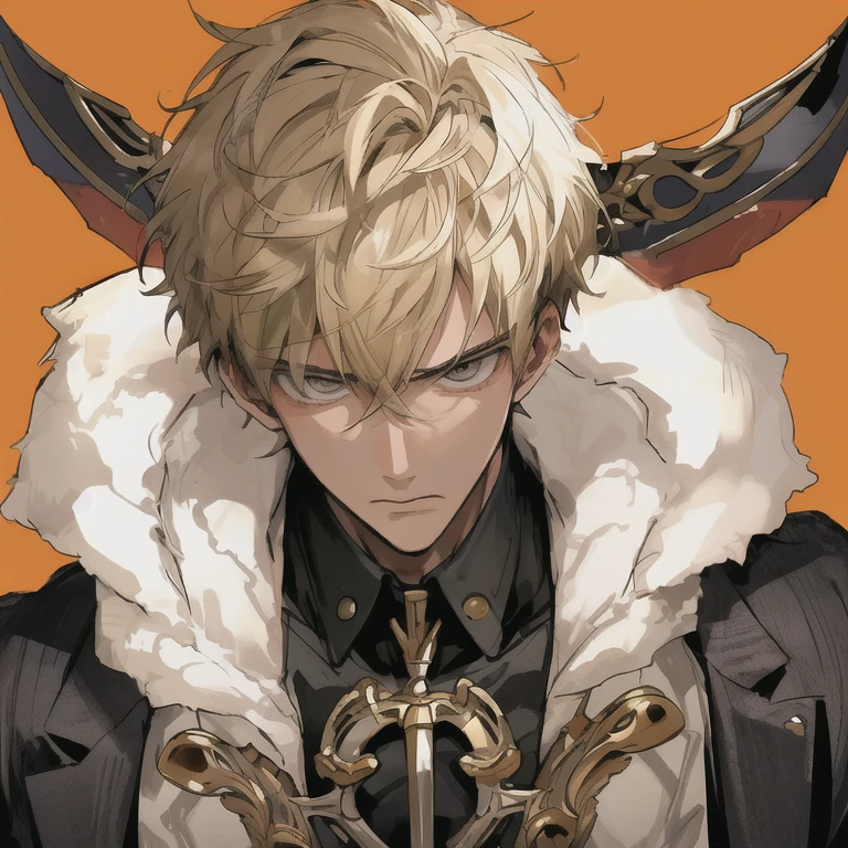 (Masterpiece), Best Quality, expressive eyes, a perfect face, 1boy, solo, Demon, Horns, horns demon, horns on head, Triangular horns, pointed ears, cat tail, blue eyes, serious face, Emotionless face, trench coat, white trench coat, black trench coat on top, black tank top, sleeveless tank top, cut out chest, small tattoo on right arm, black pants, black boots, fingerless gloves, holding sword, blue sword,sky on background, clouds, Mikaela hyakuya