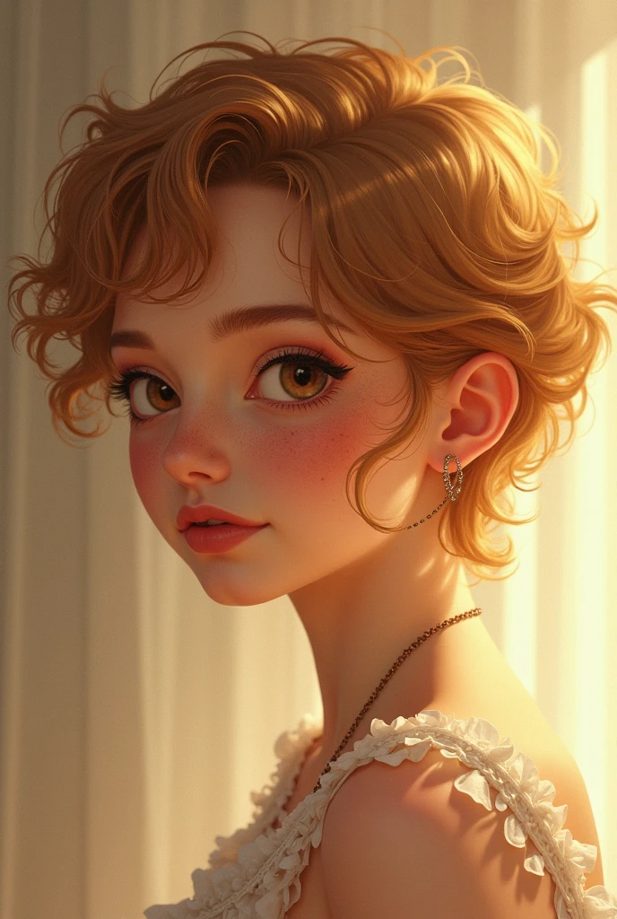 Close-up, cute girl, , curls, freckles, unbuttoned, white blouse, black background, (one light bulb), light on the face, dream, magical atmosphere, by key visual Laurent Parcelier Pascale Campion