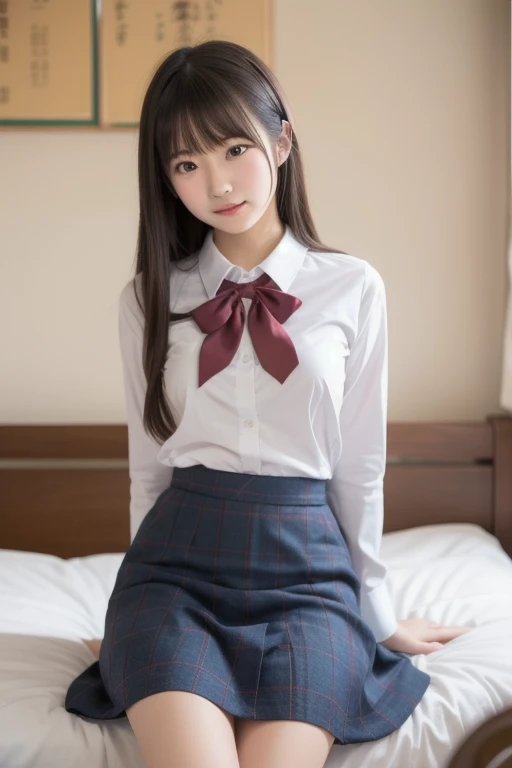 masterpiece, best quality, illustration, Super detailed, fine details, High resolution, 8K,wall paper, perfect dynamic composition,(Details High quality, realistic depiction of eyes:1.3), (3 girls), (white school shirt :1.2), (plaid skirt :1.3), tie black, black thigh-high stockings, sitting, open legs, short bob hair, in a hotel room in the background, deep on field, large breasts, black hair color, Big Natural Color Lip, (perfect body shape), crying a little、Harajuku style、20 year old girl、cute type、beautiful legs, Gravure Idol