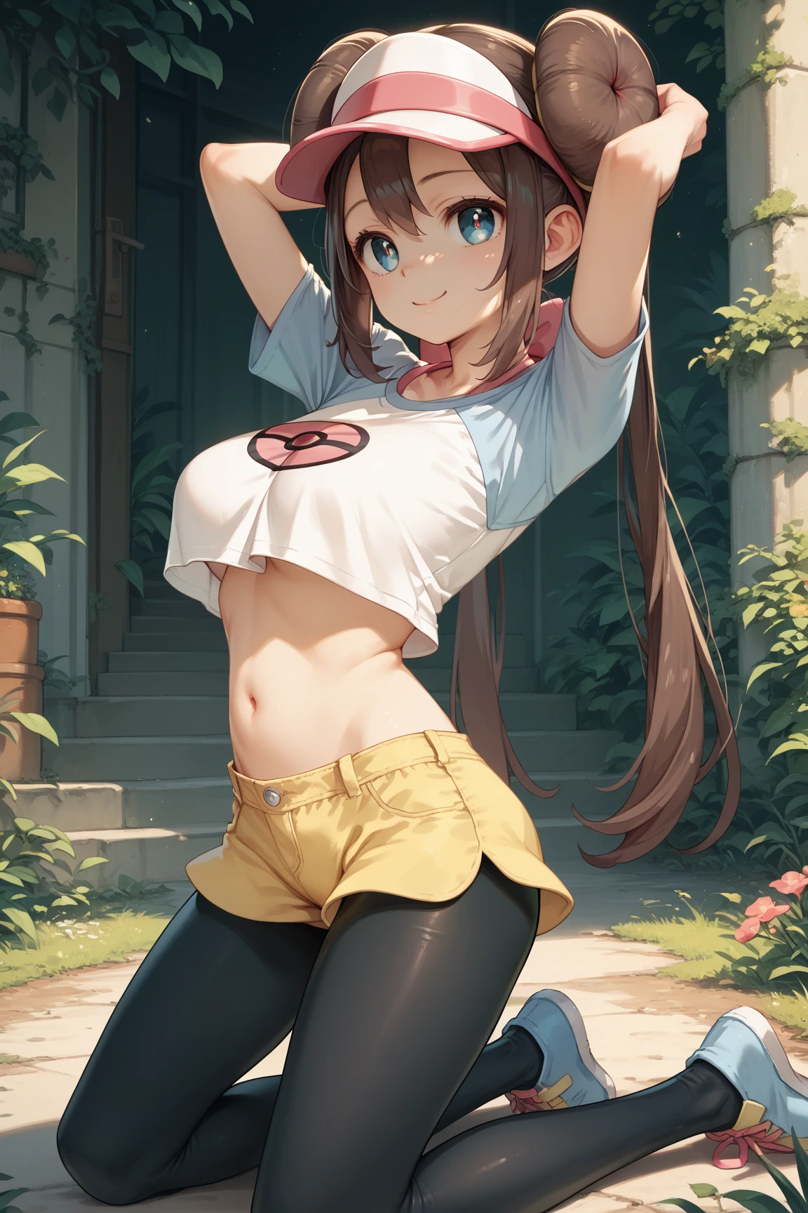 girl, teen, no t-shirt or bikini on top, so she's naked, brown eyes, brown ponytail, tall, light skin color, blue jeans, big breasts, a blue star tattoo on her back, on the street, her cheeks are red, everyone is looking at her, 8K Image Quality
