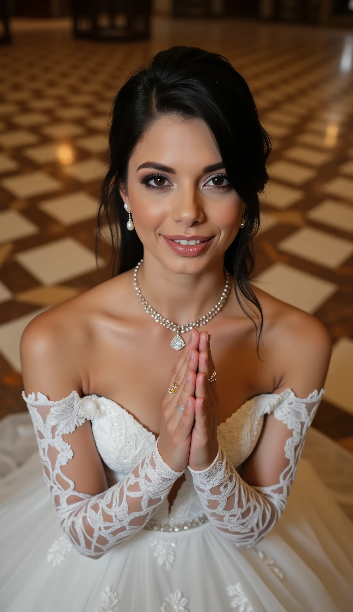 High-angle close-up shot (85mm lens, f/1.8) of a stunning bride in a deeply plunging lace wedding gown, her hands clasped together in prayer, fingers perfectly manicured with a luxurious 19-karat gold wedding ring prominently displayed on her middle finger. Her face is turned directly toward the camera, eyes locked with the viewer—a , smoldering gaze paired with a sensual, melting smile. A sophisticated bold diamonds necklace with an 'Ace of Spades' symbol rests elegantly on her décolletage, catching the light. The opulent church floor gleams with geometric gold-and-white marble, reflecting soft ambient light from stained-glass windows (cinematic bokeh effect). Soft chiaroscuro lighting highlights her pearl earrings, glossy lips, and the intricate details of her lace gown. Ultra-detailed textures: dewy skin, sparkling jewelry, and velvet fabric. Style: High-fashion bridal photography with a touch of dark romance. Flux model parameters: ultra HD, dynamic range, dramatic shadows, ethereal glow.
