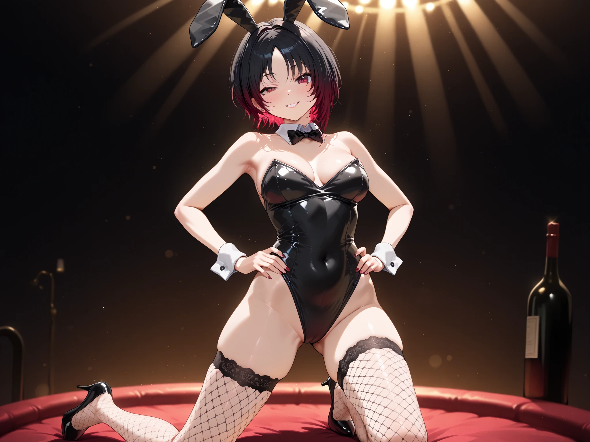 A woman wearing black clothes and rabbit ears is posing, ultrarealistic sweet Bunny girl, Bunny girl, Anime PVC Figures, ( Highly detailed figures ), Pop-up Parade Figures, spoon pear slim figure, PVC Figure, Anime Figures, Anime Figures, MovablePVC, PVC movable, Full pose, Leather Bunny Costume Bodysuit, With rabbit ears, Playboy Bunny、Super Sonico