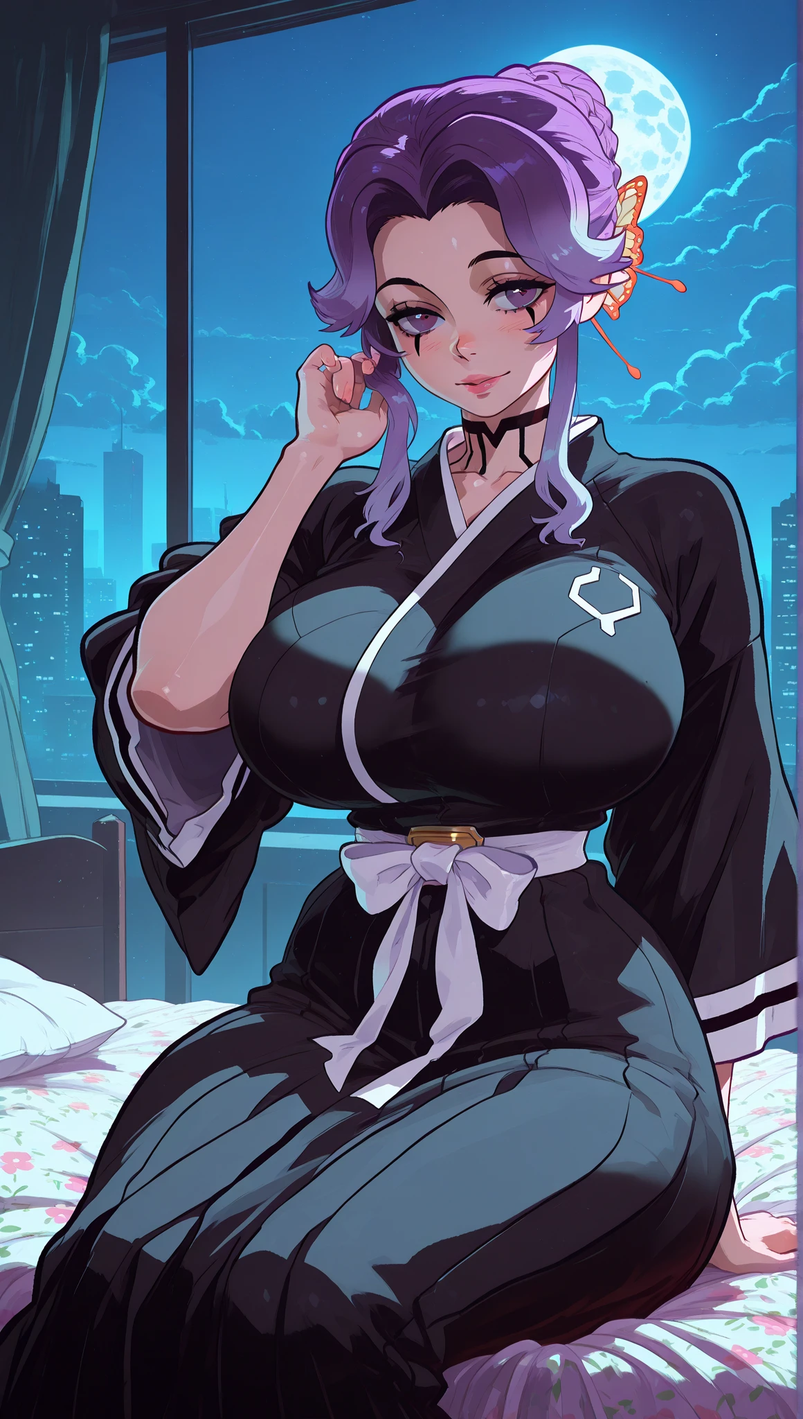 Purple-haired lady in pajamas,Ladylike temperament,Coquettish,perfect bodies,Large of breast,Sitting on the lap of a little boy with purple hair,Sucking on the breast,oestrus,The atmosphere is ambiguous