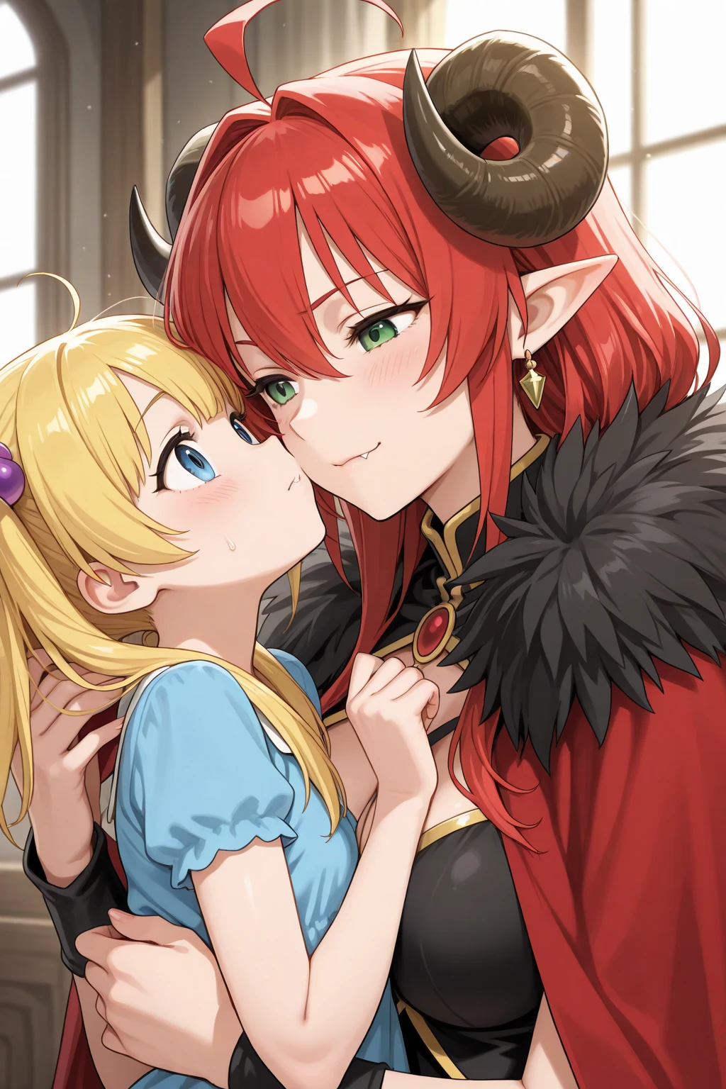 An anime gaming girl with cat ears, a crown, blonde hair and green eyes sits in front of a knight with brown eyes and brown hair and wearing glasses who kneels in front of her 