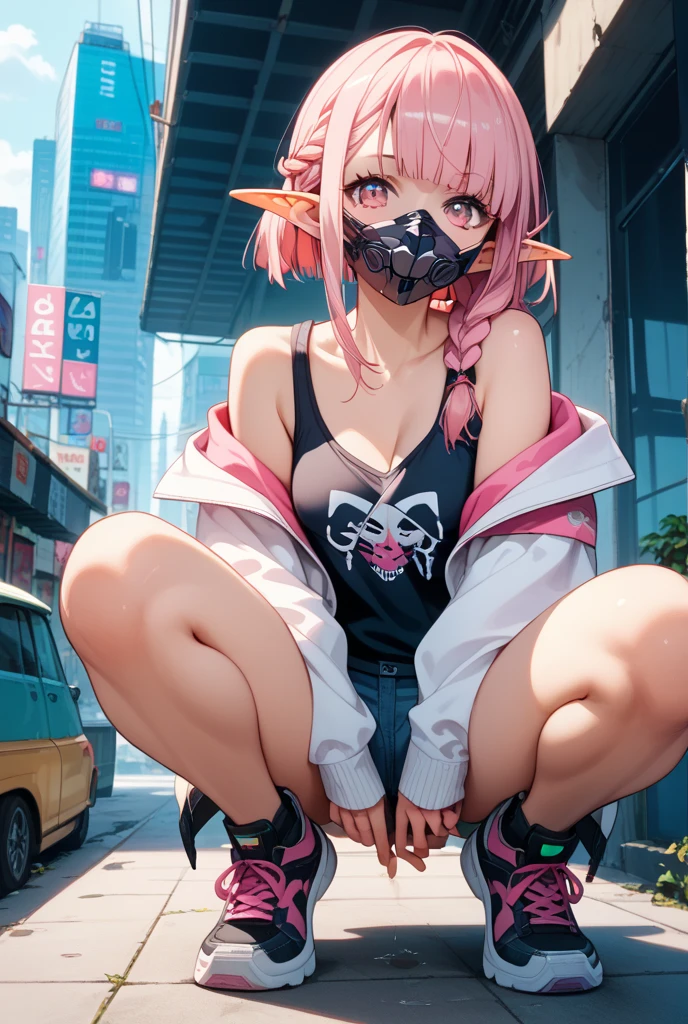 score_9, score_8_up, score_7_up, score_6_up, score_5_up, score_4_up, source_anime, BREAK team skull grunt, 1girl, bandana, bandana over mouth, bare shoulders, between legs, boots, breasts, cleavage, clothes lift, covered mouth, groin, hand between legs, looking at viewer, medium hair, navel, nipples, own hands together, pink eyes, pink hair, shirt lift, shoes, short shorts, shorts, sitting, skull-shaped hat, solo, squatting, stomach, tank top, team skull, tiptoes, torn clothes, torn shorts, wristband