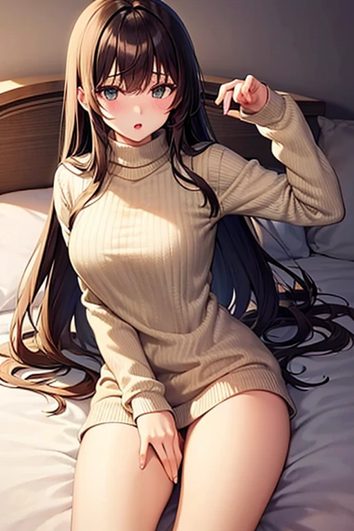 1girl, woman, bra, tight midi pencil skirt (black), long length pencil skirt, long brown hair, looking at viewer, full body, smile, blush, bedroom