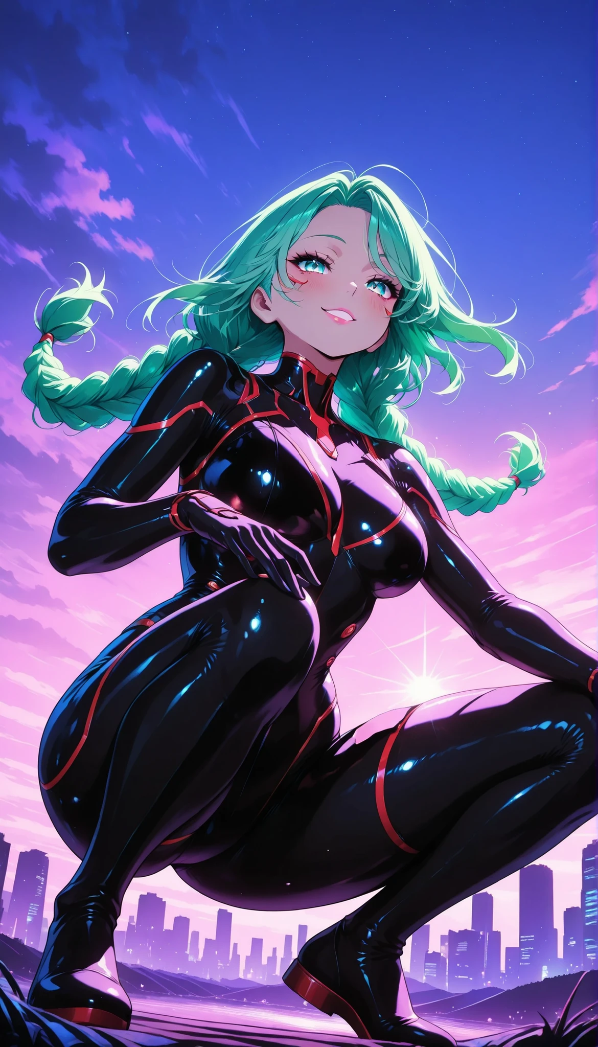 br_art, 1 woman:1.2, masterpiece, top quality, great quality, very aesthetic, Newest, very detailed, flat color, sharp focus, bright colors, soft lighting, cinematic composition, Sacred, from below, beautiful woman, green hair, long braids, long thick eyelashes, Blush,(smiling), obscene language, Temptation, pink lips, crouching, obscene thin and slender body line, cyberpunk, Cybersuit, Digital Effects, cyberpunk ネオン街, Outdoors, evening.